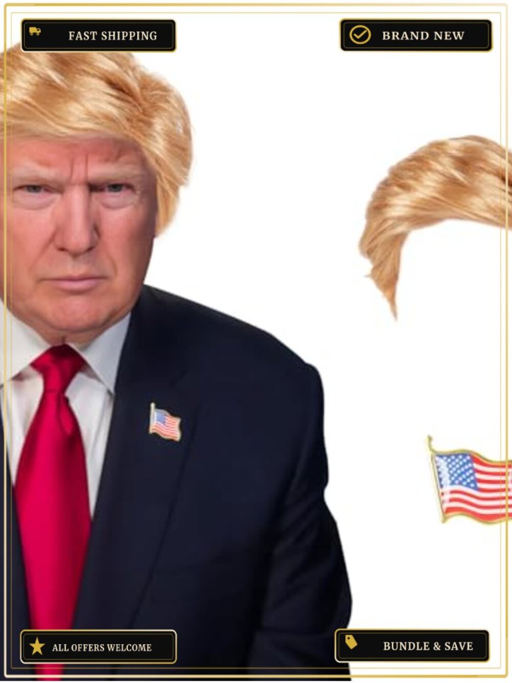 Donald Trump Costume Wig Set with Flag Pin Synthetic Polyester Halloween Party